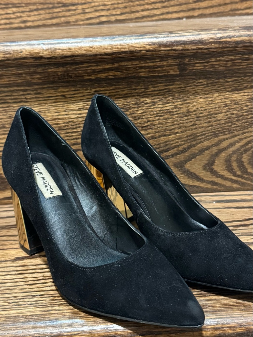 Steve Madden Black Suede Pointed Pumps with Gold Block Heel